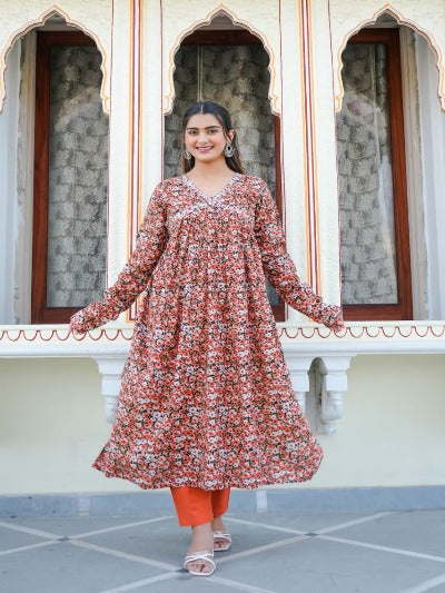 Rust Orange Cotton Silk Printed Anarkali Kurti with Palazzo -...